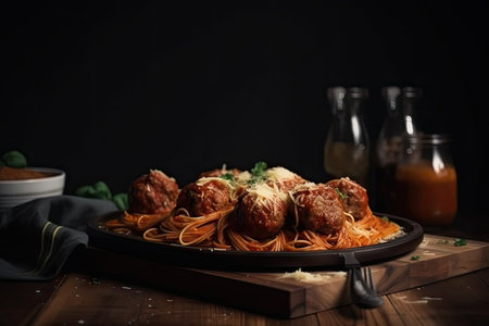 spaghetti and meatballs on wooden board, created with generative aiの素材