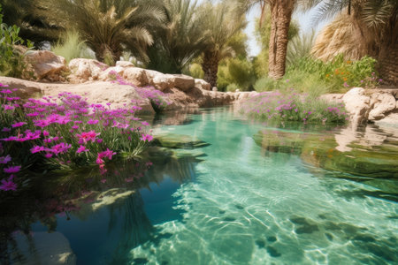 close-up of a delicate oasis with clear water, surrounded by blooming flowers and greenery, created with generative aiの素材