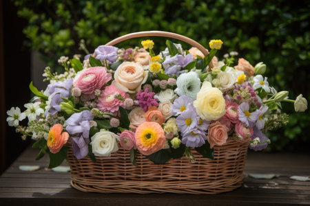 basket overflowing with luxurious pastel flowers, created with generative aiの素材