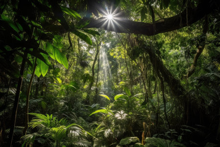 jungle canopy, with sunbeams shining through the leaves, created with generative aiの素材
