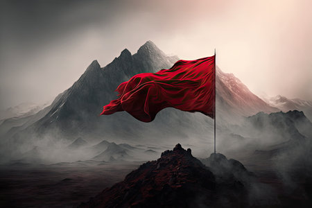 red flag fluttering atop misty mountain peak, with view of the valley below, created with generative aiの素材