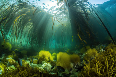 kelp forest with schools of fish and other aquatic life, created with generative aiの素材