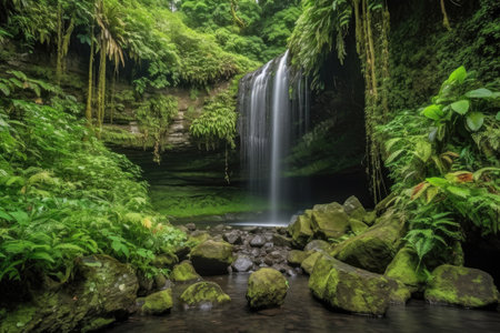 majestic waterfall cascading over rocky cliff, with lush greenery in the background, created with generative aiの素材