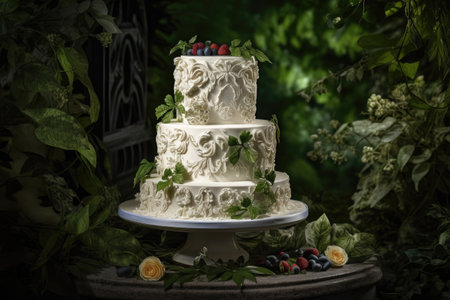 finished wedding cake, with delicate and intricate design, surrounded by greenery, created with generative aiの素材