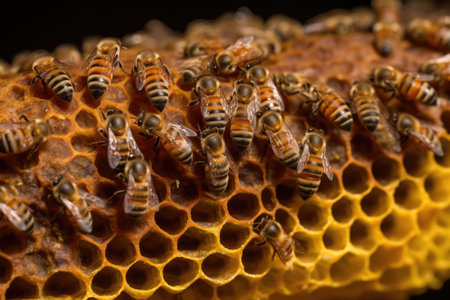 close-up of honeycomb, showing the intricate patterns created by pollen, created with generative aiの素材