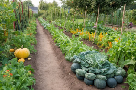 row of ripe fruits and vegetables growing in garden plot, created with generative aiの素材