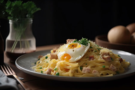 plate of spaghetti carbonara with egg and cheese, ready to be devoured, created with generative aiの素材