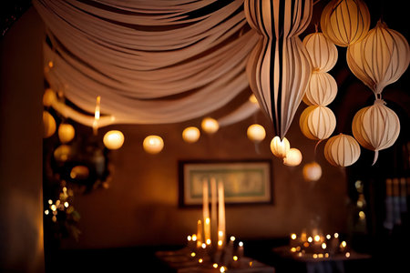 paper streamer hanging from ceiling, with lanterns and candles for a romantic touch, created with generative aiの素材