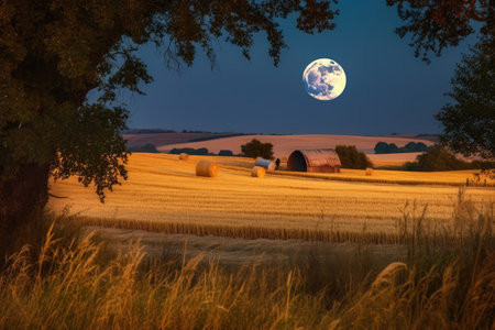 full moon, shining over bucolic landscape, with harvest moon hanging in the sky, created with generative aiの素材