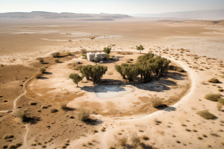 oasis surrounded by flat, dry and barren desert landscape, created with generative aiの素材