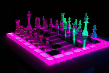 neon chess game, with pieces set up in a classic checkmate position, created with generative aiの素材