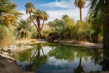 oasis in the dessert, with palm trees and clear water springs, created with generative aiの素材