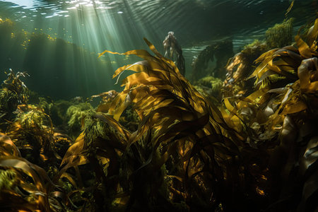 macro of kelp forest, with delicate fronds swaying in the current, created with generative aiの素材