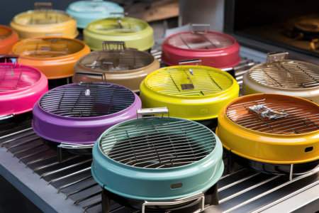 colorful assortment of portable grills, with different types and sizes, created with generative aiの素材
