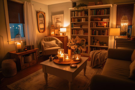 warm and cozy living room with soft furniture, candles, and bookshelves, created with generative aiの素材