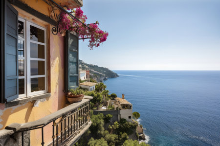 mediterranean house with balcony and stunning view of the sea, created with generative aiの素材