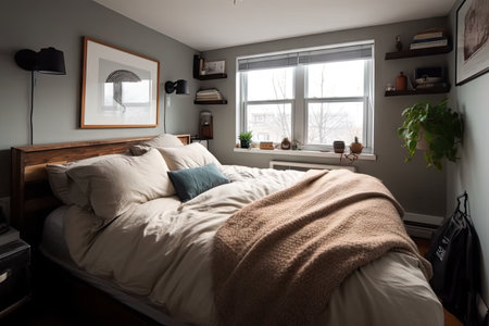 bedroom, with freshly laundered linens and cozy duvet on bed, created with generative aiの素材
