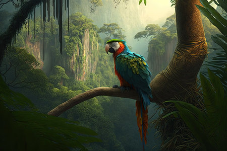 parrot perched on tree branch, surveying the jungle below, created with generative aiの素材