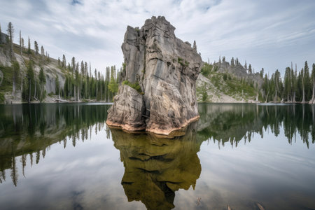 majestic natural rock formation towering over tranquil lake, created with generative aiの素材