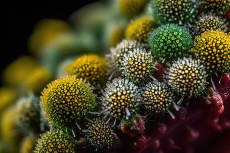 a microscope view of pollen grains with their intricate patterns in full view, created with generative aiの素材