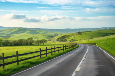 scenic highway with view of rolling hills and farm fields, created with generative aiの素材