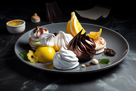plate with various flavors of meringue, including chocolate and lemon, created with generative aiの素材