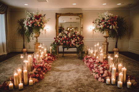 ceremony setup with romantic, floral bouquet and candles, created with generative aiの素材