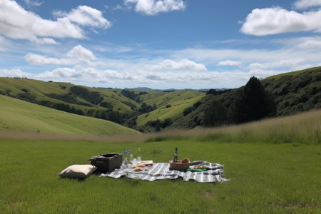picnic in meadow, with view of the rolling hills and sunshine, created with generative aiの素材