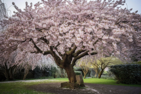 cherry blossom tree, surrounded by blooming cherry blossoms, in garden, created with generative aiの素材