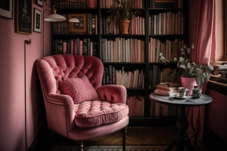 pink armchair, surrounded by bookshelves filled with novels, in cozy and intimate reading room, created with generative aiの素材