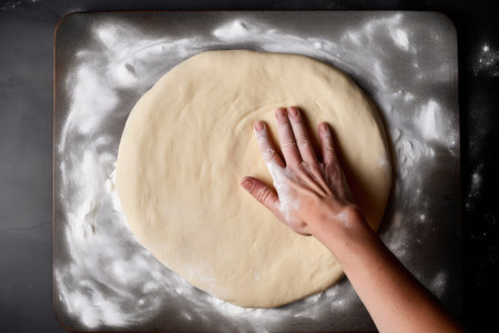 pizza dough being rolled out into a flat circle, ready to be topped and baked, created with generative aiの素材