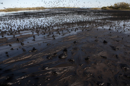 oil spill covered in a blanket of black flies, created with generative aiの素材