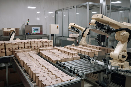 packaging and sorting robot, placing items into boxes, created with generative aiの素材
