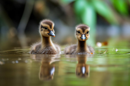 pair of newborn ducklings swimming in pond, created with generative aiの素材