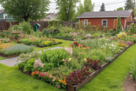 backyard with freshly planted garden in spring, including colorful annuals and perennials, created with generative aiの素材
