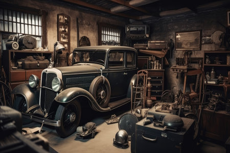old garage with vintage car on display, surrounded by tools and other automotive accessories, created with generative aiの素材