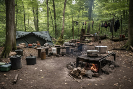 campsite setup with cooking gear and campfire surrounded by woods, created with generative aiの素材
