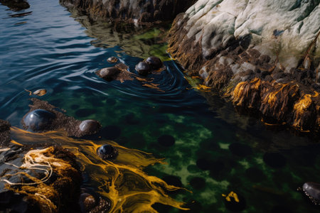 oil spill in a marine habitat, with flora and fauna struggling to survive, created with generative aiの素材
