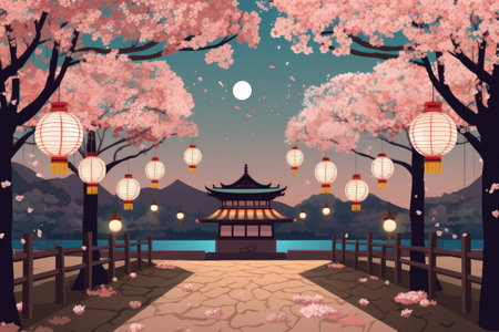 cherry blossom garden with lanterns and other elements of japanese culture, created with generative aiの素材
