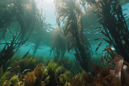 close-up of kelp forest, with various underwater creatures hiding among the fronds, created with generative aiの素材