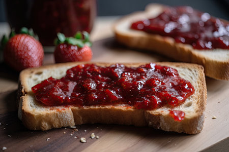 strawberry jam on toast with melted butter and a sprinkle of black pepper, created with generative aiの素材