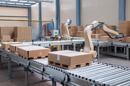 packaging and sorting robots working in busy factory, packaging products for shipment, created with generative aiの素材