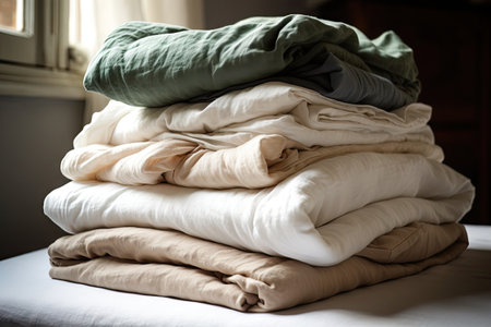 stack of freshly laundered sheets, ready for bedtime, created with generative aiの素材
