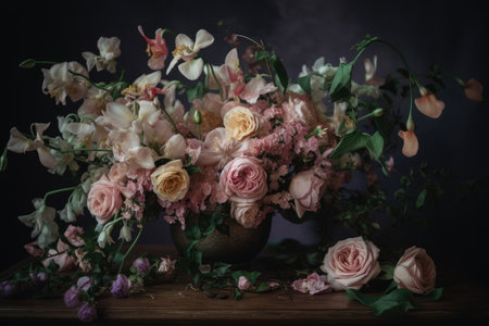 exquisite bouquet of pastel flowers among delicate foliage, created with generative aiの素材