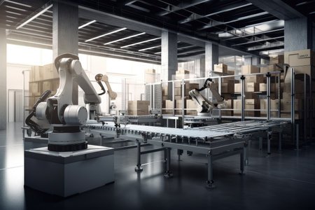 packaging and sorting robot, working in close proximity to other robots, with view of futuristic warehouse, created with generative aiの素材