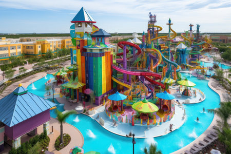 water park with towering slides and interactive water features, surrounded by vibrant and colorful atmosphere, created with generative aiの素材