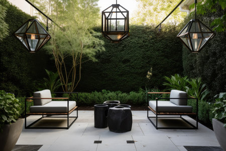 modern patio with sleek seating and geometric lanterns, created with generative aiの素材