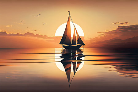 sunset sailboat glides across smooth, tranquil water, created with generative aiの素材