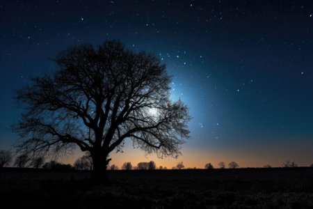 harvest moon, with silhouette of trees against starry sky, created with generative aiの素材