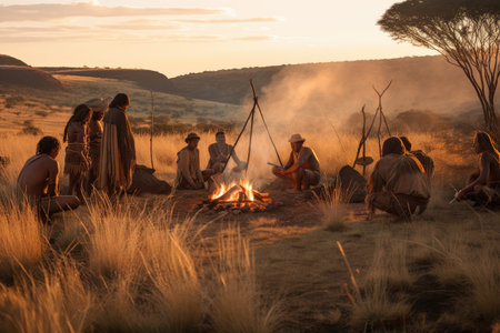 nomadic tribe living off the land, with members hunting and gathering in beautiful outdoor setting, created with generative aiの素材